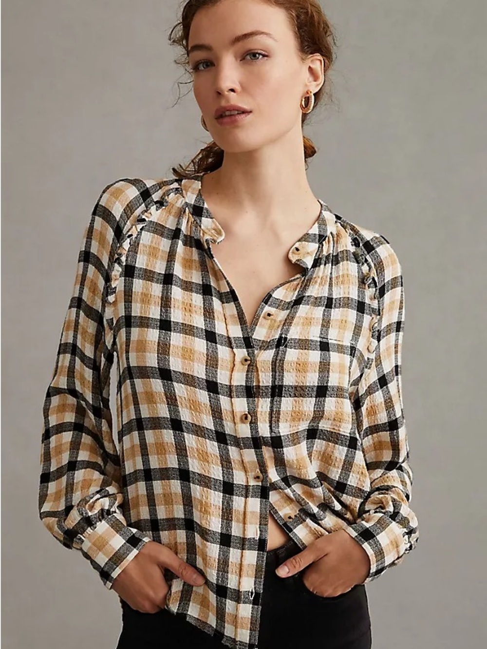 ANTHROPOLOGIE Pilcro Plaid Ruffled Buttondown Black and White Plaid  Shirt LP